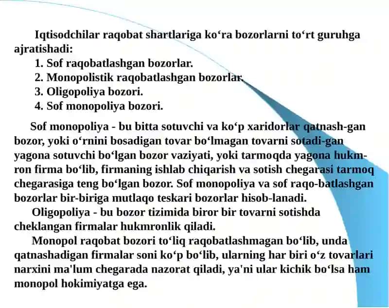 Sof monopoliya va sof raqobatlashgan bozorlar 2