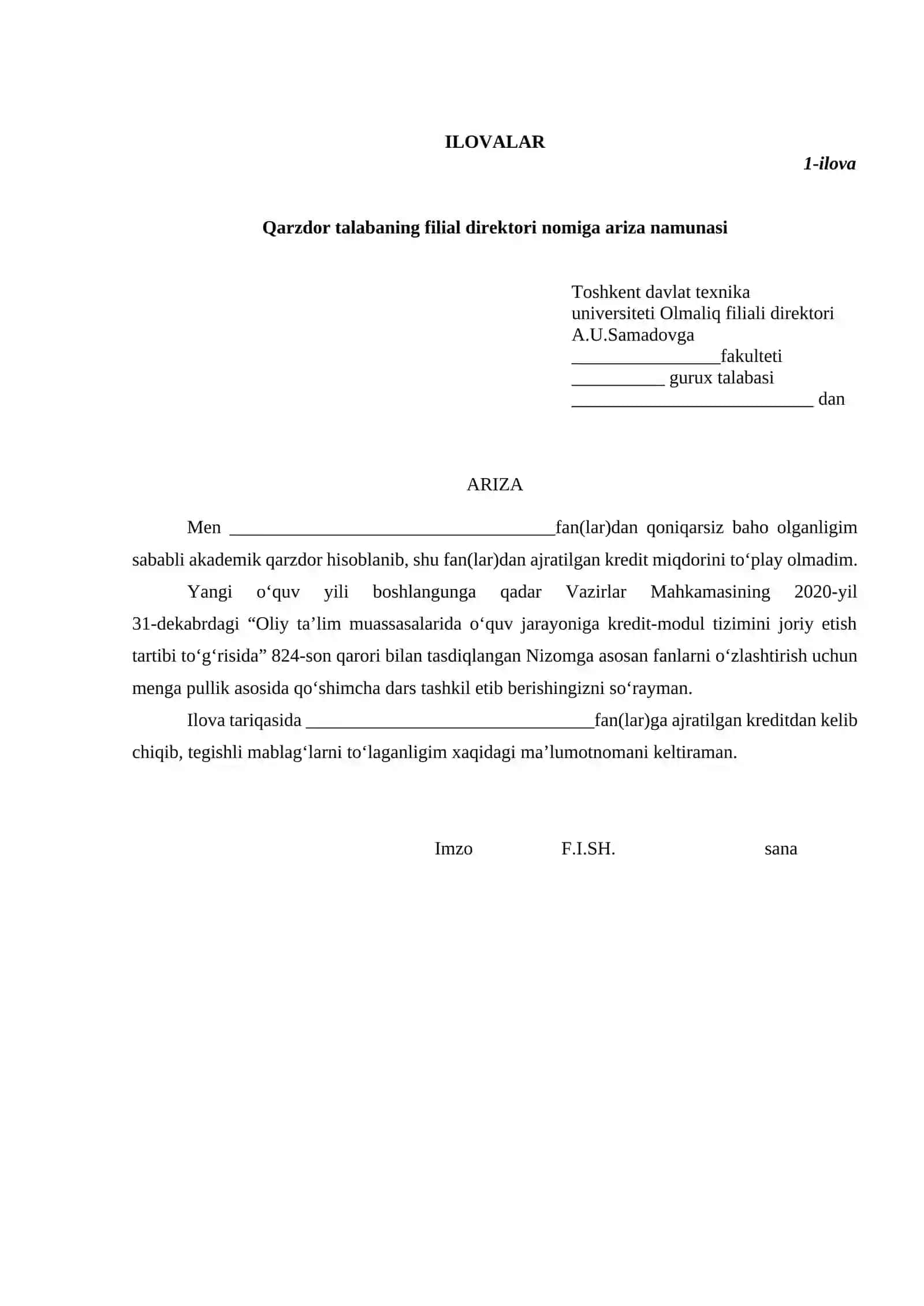 Qarzdor talabaning filial direktori nomiga ariza namunasi 2