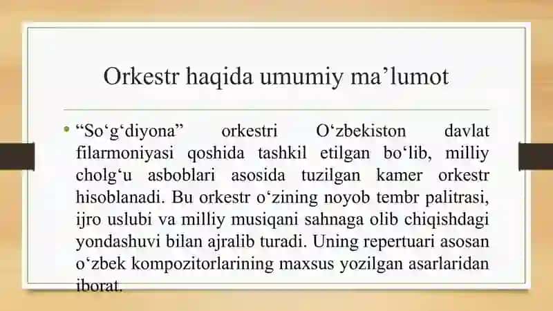 O'zbek kompozitorlarining “So'g'diyona” orkestri uchun yaratgan maxsus asarlari. 2