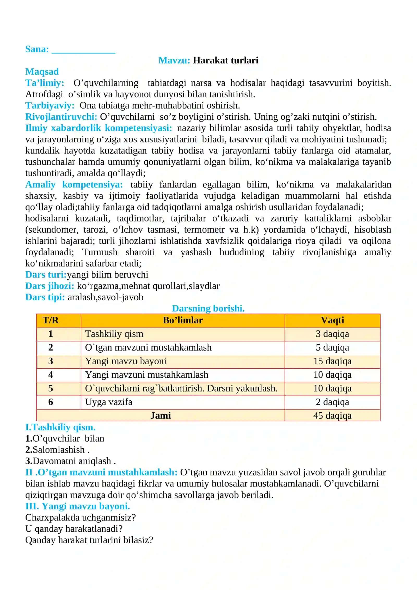 3-sinf Tabiiy fan (Science) Harakat turlari mavzusida dars ishlanma 2