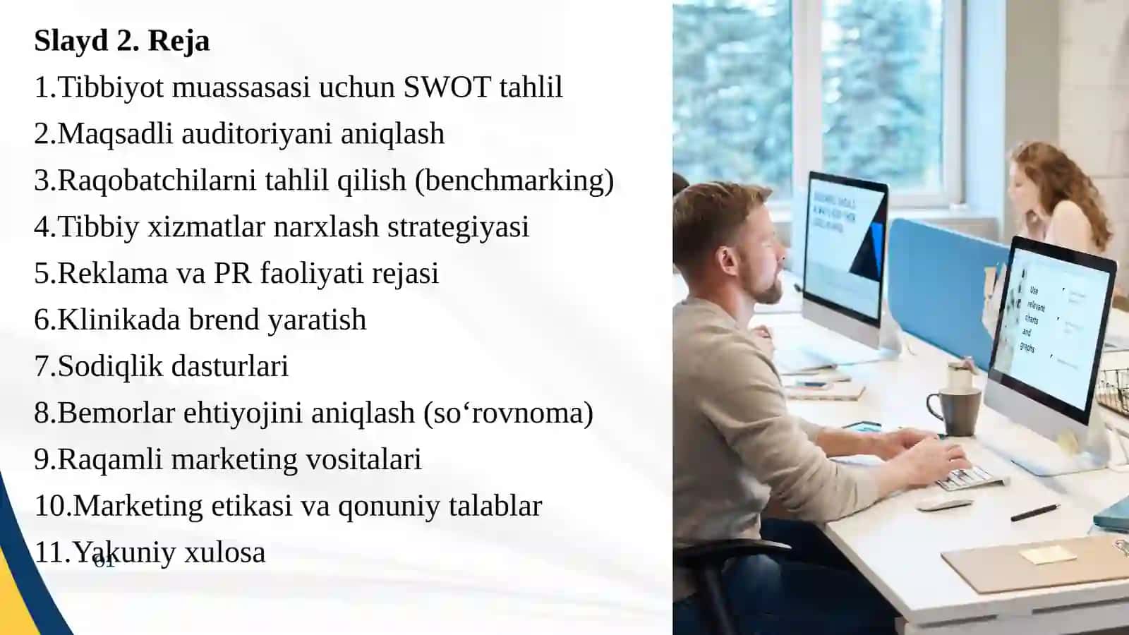 YAKUNIY LOYIHA: KLINIKA UCHUN MARKETING REJASI 2