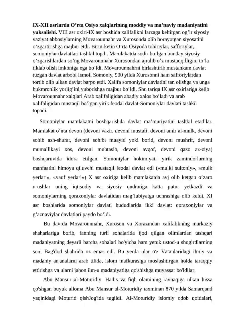 IX-XII asrlarda O’rta Osiyo xalqlarining moddiy va ma’naviy madaniyatini yuksalishi 2