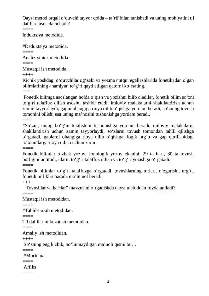 Boshlang‘ich ta’lim yo‘nalishi 3 kurs uchun tuzilgan test savollari 2