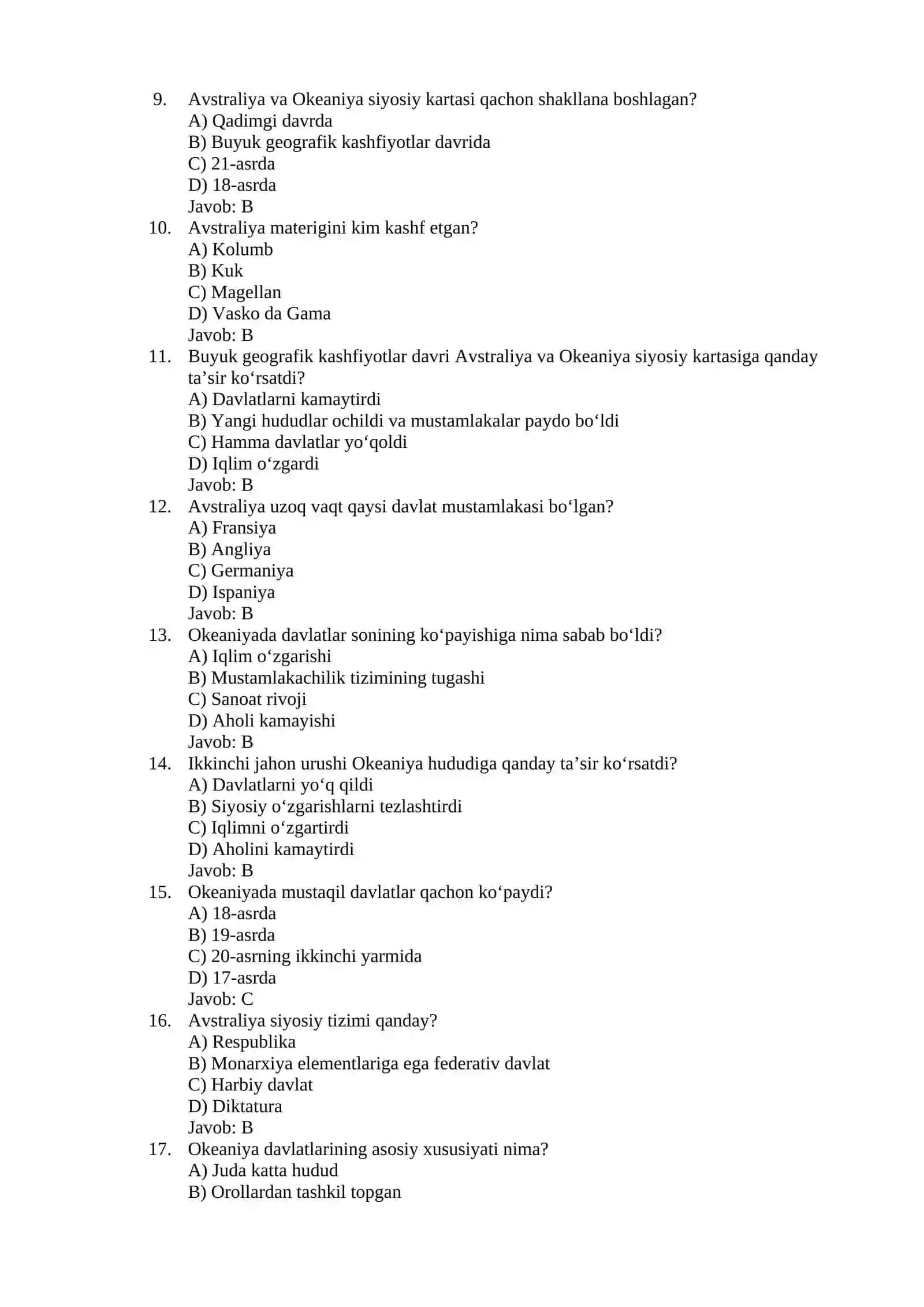 Geografiya faning asosiy muammolarida Avstraliya va Okeaniya siyosiy kartasining shakllanishi va rivojlanishi 2