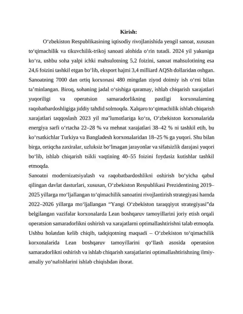 Operatsion samaradorlik va ishlab chiqarish xarajatlarini optimallashtirish. 2