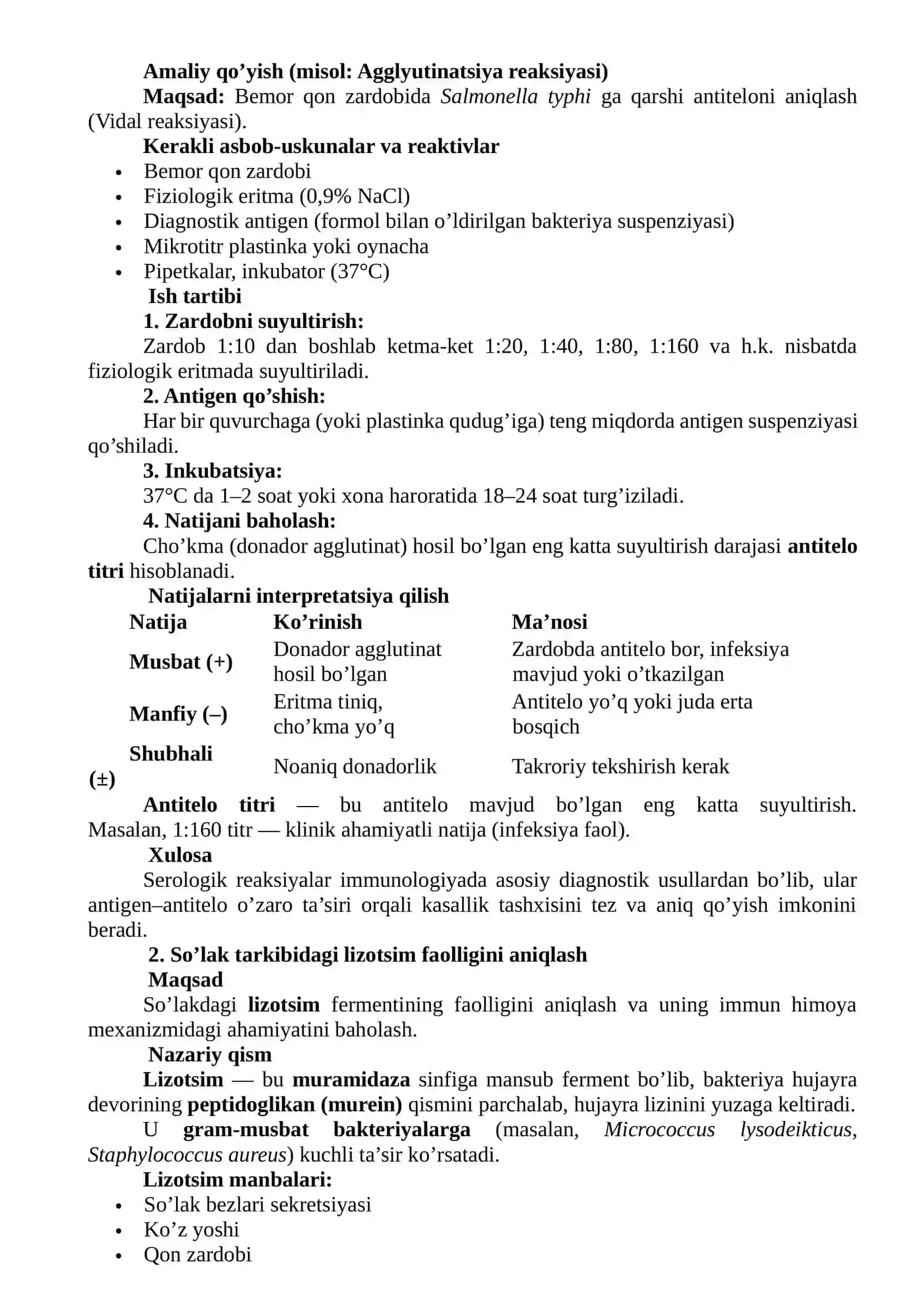 Serologik reaksiyalarni qo’yish va natijalarini interpretatsiyalash 2