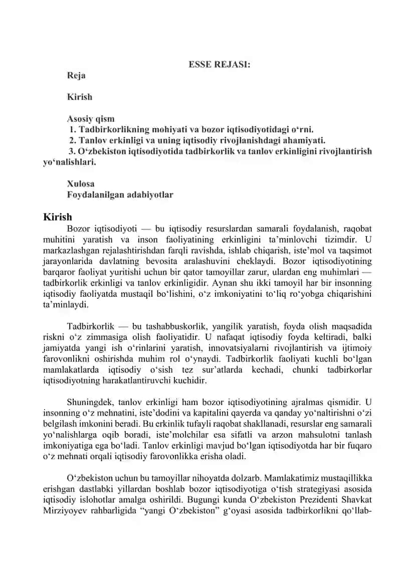 Tadbirkorlik va tanlov erkinligi bozor iqtisodiyotining asosiy tamoyillaridan biri sifatida. ESSAY 2