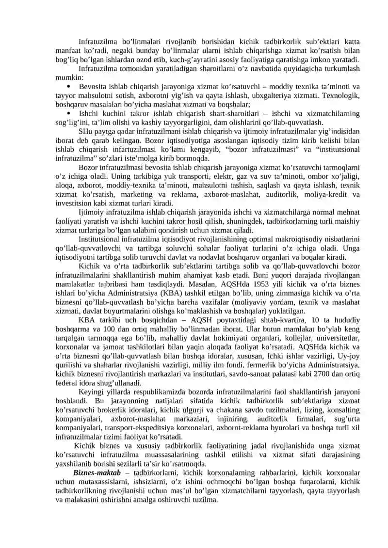 KICHIK BIZNES VA TADBIRKОRLIK SUB`EKTLARIGA XIZMAT KO`RSATUVCHI BОZОR INFRATUZILMALARI 2