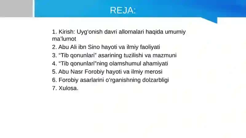 Abu Ali ibn Sino ijodi va faoliyati. ’’Tib qonunlari’’ asarining olamshumul ahamiyati. Abu Nasr Forobiy asarlarini o’rganishning dolzarbligi 2