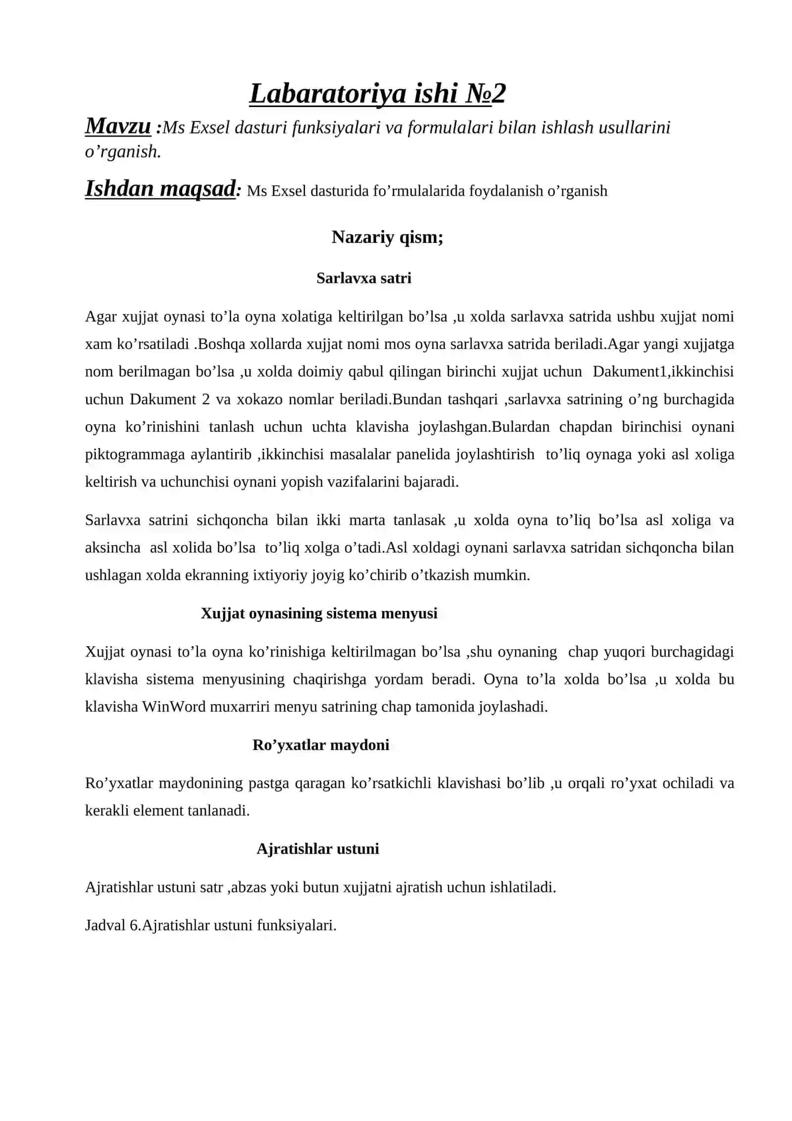 Ms Exsel dasturi funksiyalari va formulalari bilan ishlash usullarini o’rganish 2