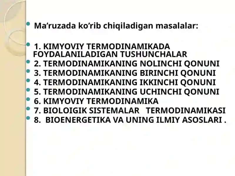 KIMYOVIY TERMODINAMIKA VA BIOENERGETIKANING ILMIY ASOSLARI 2