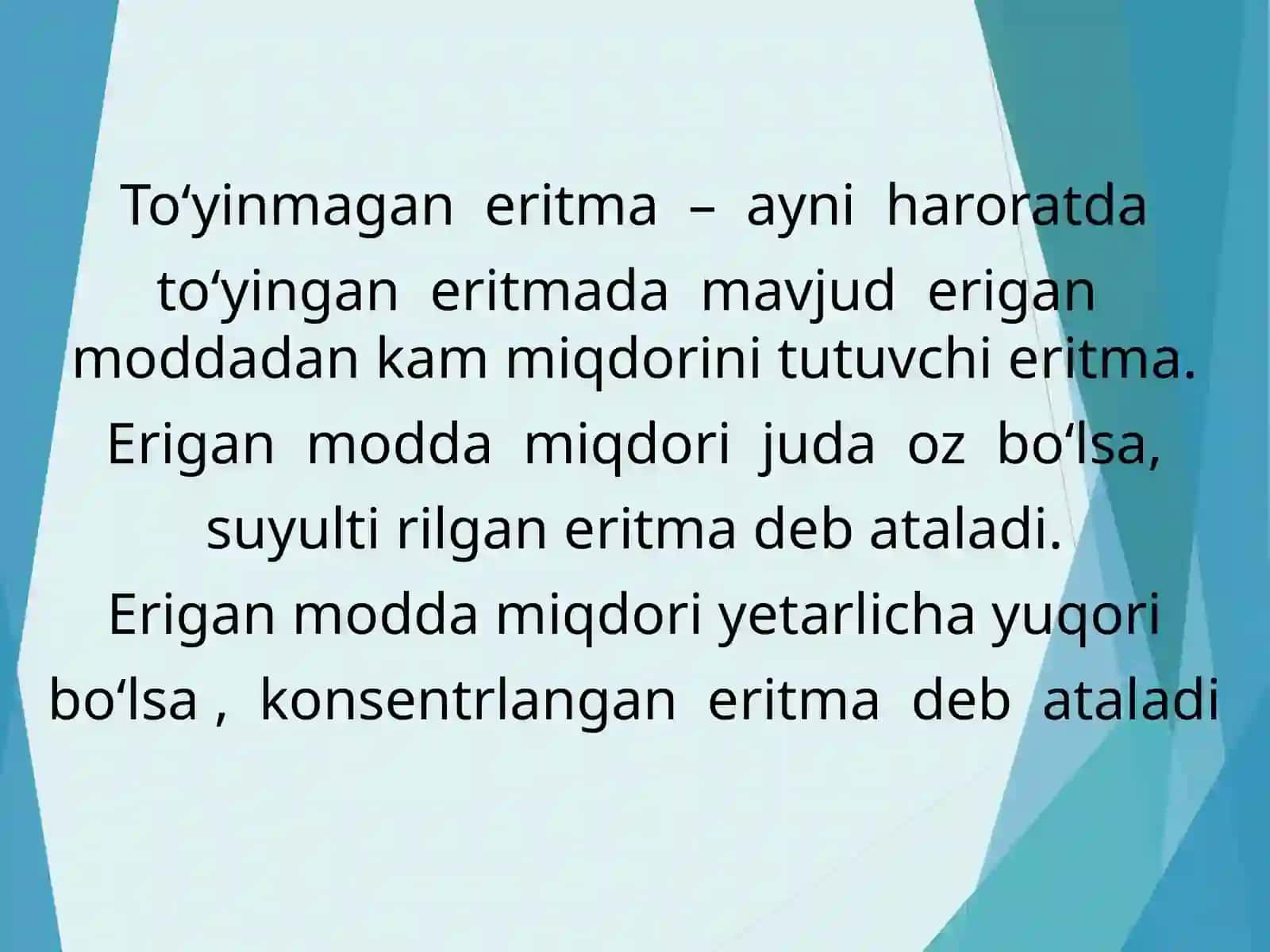 Eritmada erigan moddaning massa ulushi, foiz molyar konsentratsiyasi. 2