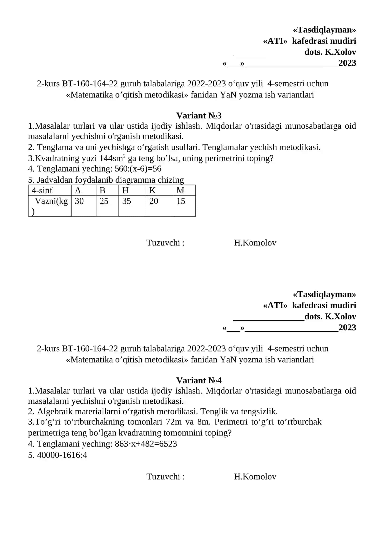 Matematika o’qitish metodikasi YaN yozma ish variantlari 2