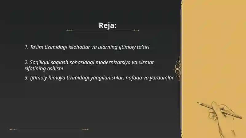 Oʻzbekistonda ijtimoiy sohada amalga oshirilayotgan oʻzgarishlar mazmun va mohiyati 2