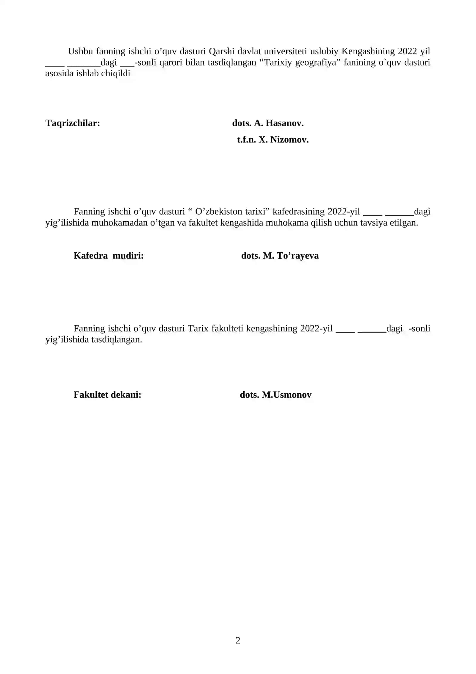 Tarixiy geografiya fanining o`quv dasturi 2