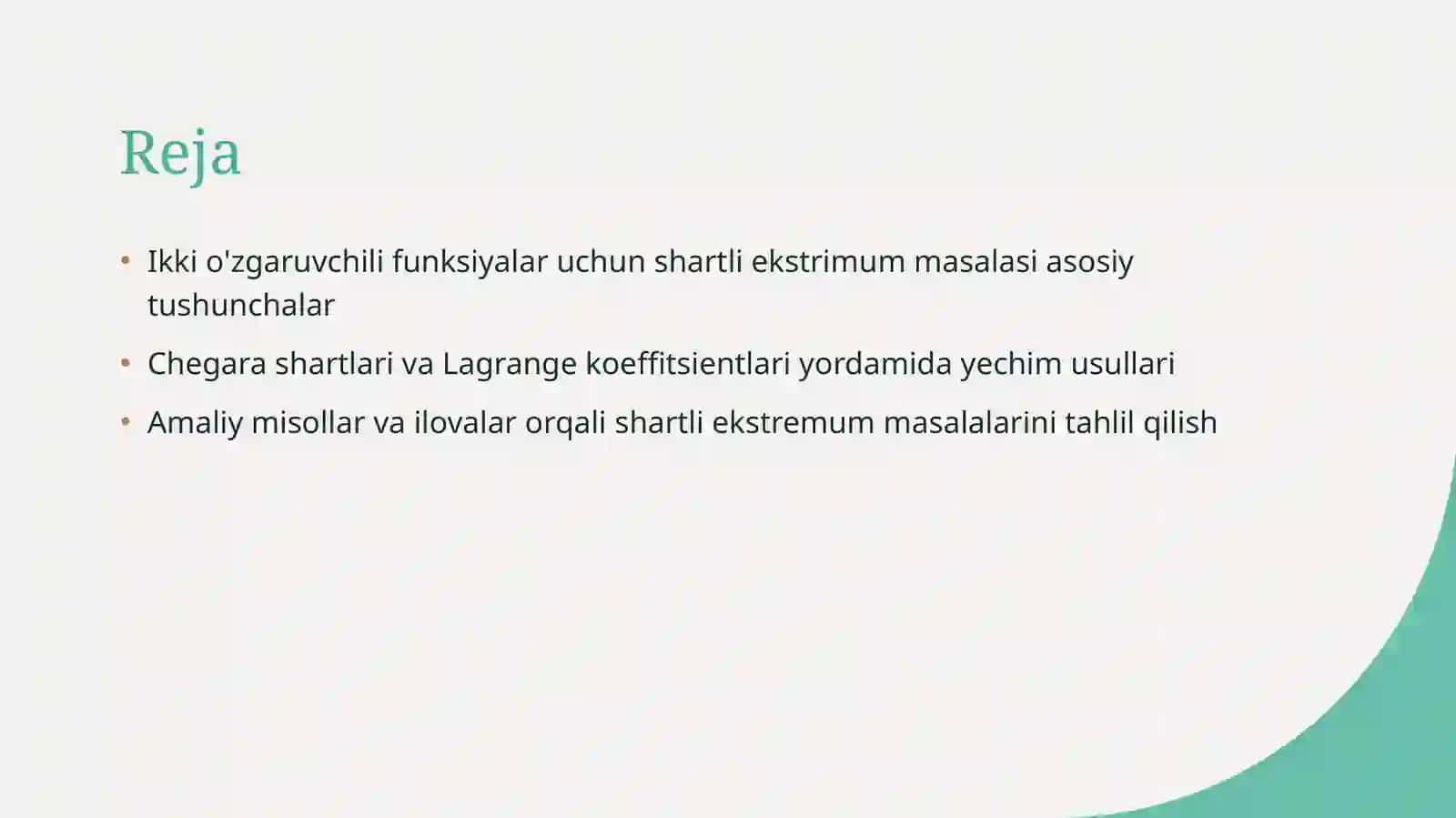 Ikki òzgaruvchili funksiya uchun shartli ekstrimum masalasi 2