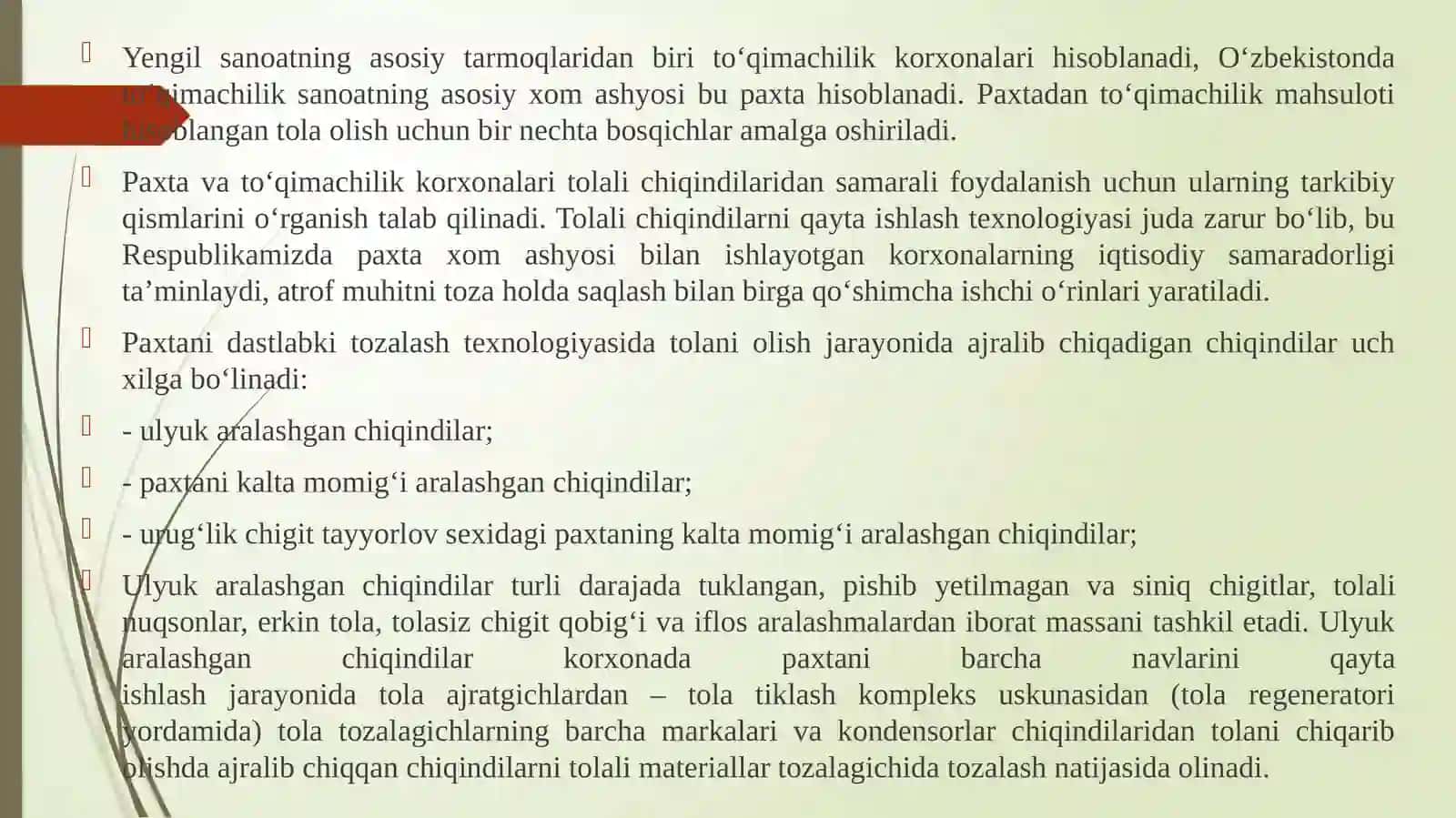 Yengil sanoat mahsulotlari tayyorlash korxonalari qoldiqlarini utilizatsiyalash va ikkilamchi mahsulotlar olish.Oqovasuvlarnitozalashvaikkilamchifoydalanish 2