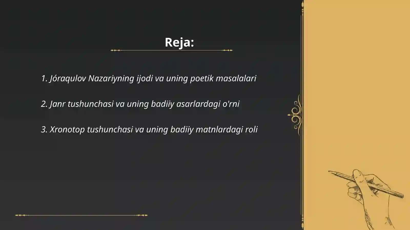 Jóraqulov Nazariy poetika masalalari.Muallif Janr. Xronotop kitobini óqib órganish. Baddiy asarlardagi poetika masalalari. Muallif Janr xronotop kabilar yoritiladi 2