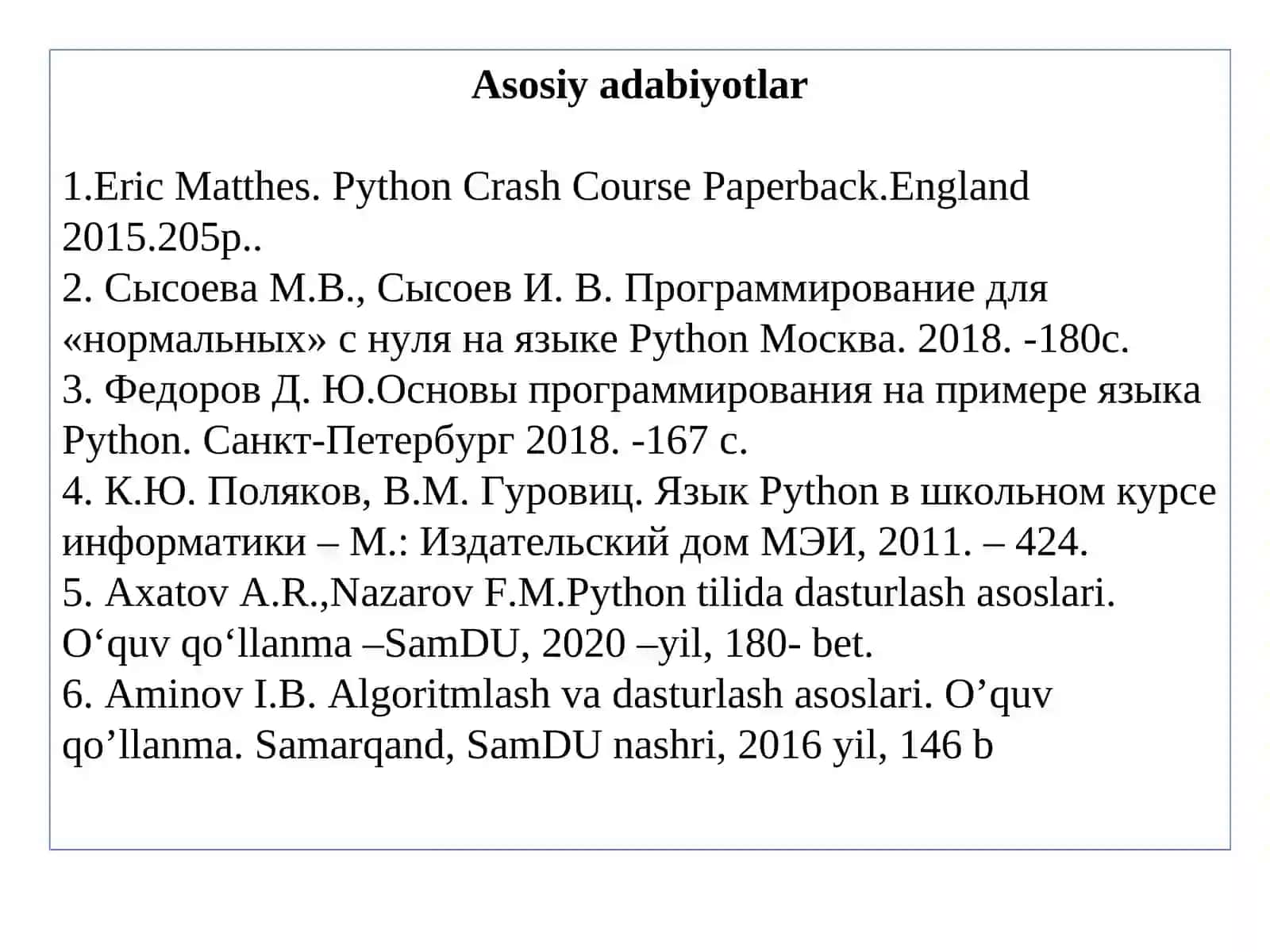 Dasturlash asoslari. Python dasturlash tili 2