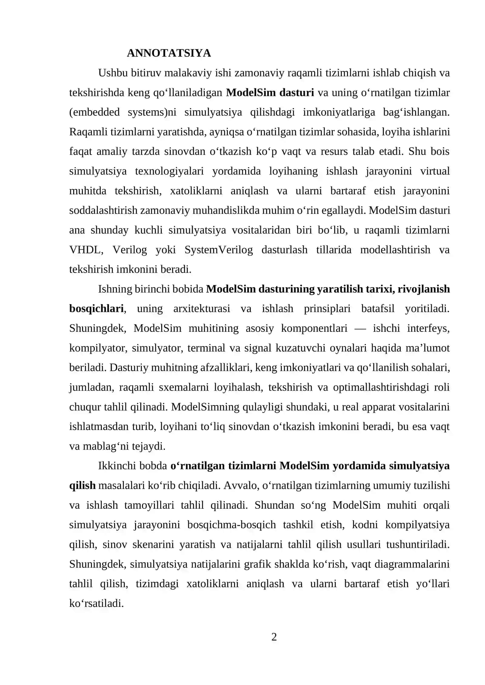 MODELSIM MUHITI VA O'RNATILGAN TIZIMLARNI SIMULYATSIYA QILISH 2