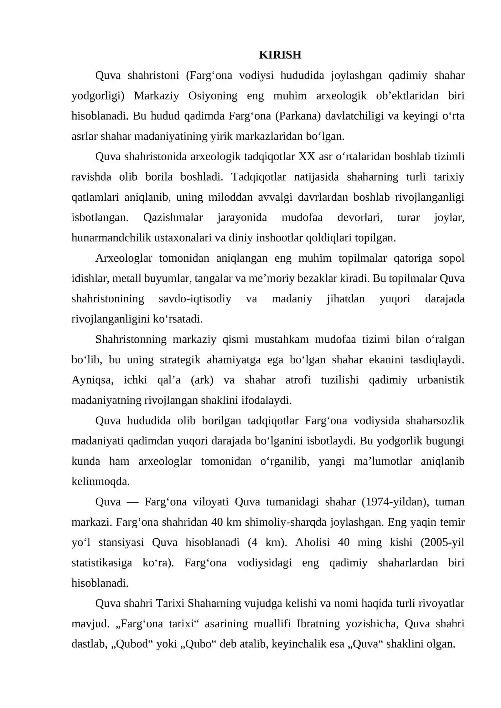 QUVA SHAHRISTONIDA OLIB BORILGAN ARXEOLOGIK TADQIQOTLAR 2