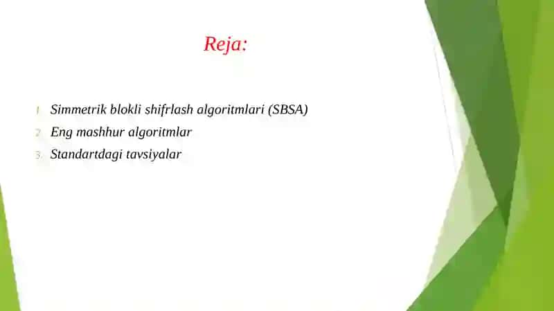 SIMMETRIK BLOKLI SHIFRLASH ALGORITMLARI. O’Z DST 1105:2009 STANDARTI. 2