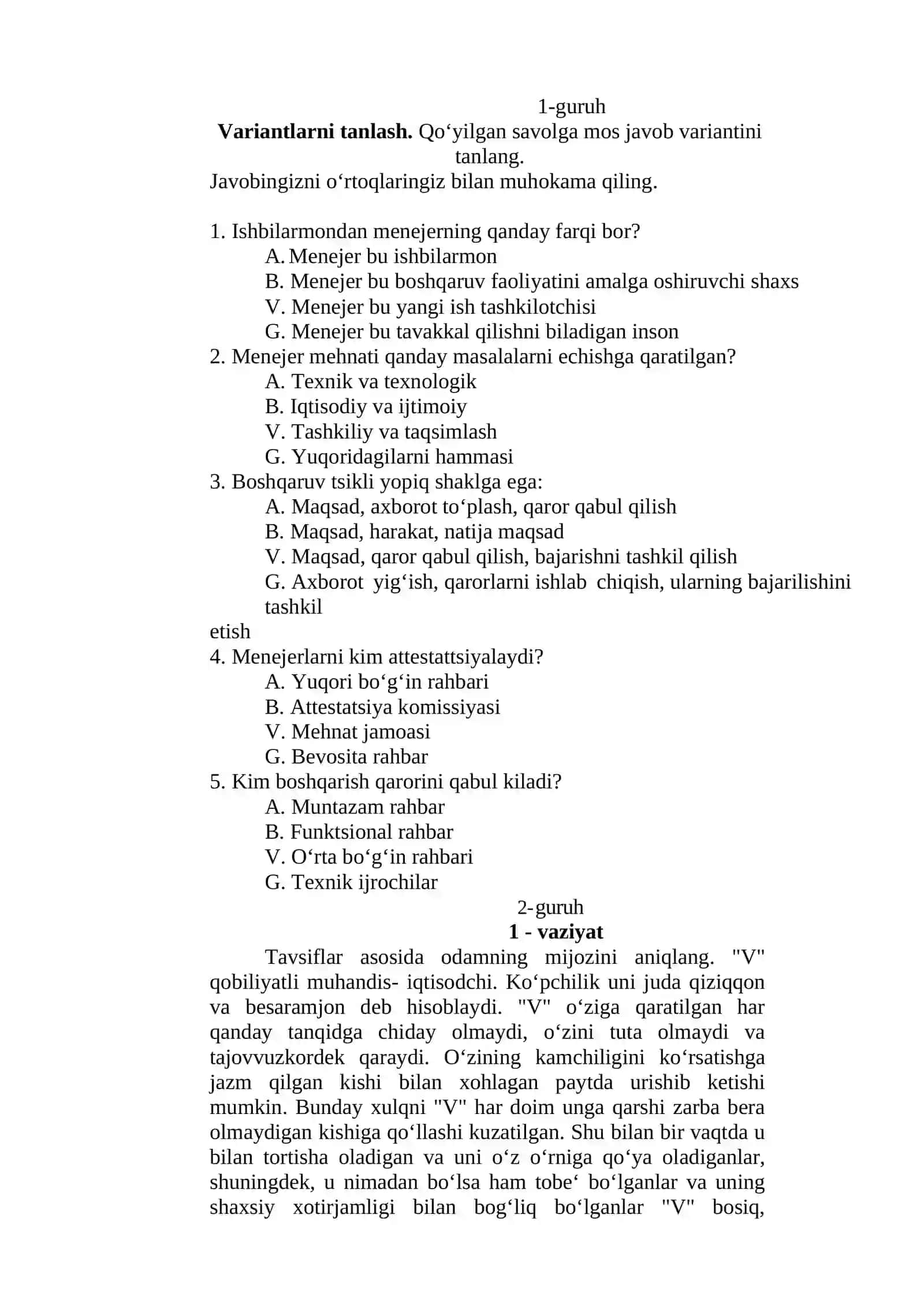 Menejerni rahbarlik uslubi va boshqaruvdagi o’rni 2