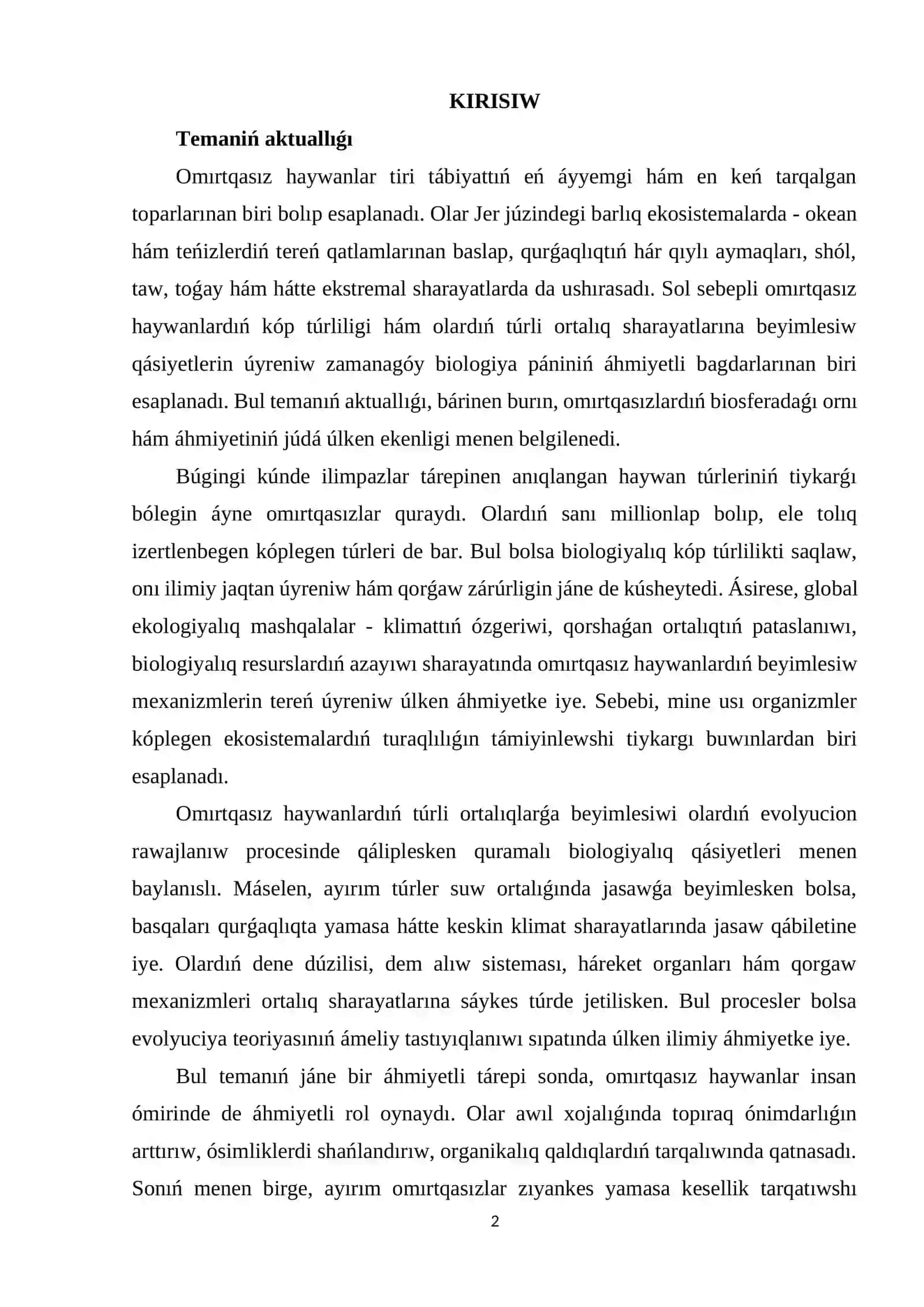 OMIRTQASIZ HAYWANLARDIŃ ULIWMA SIPATLAMASI HÁM HÁR TÚRLILIGI 2