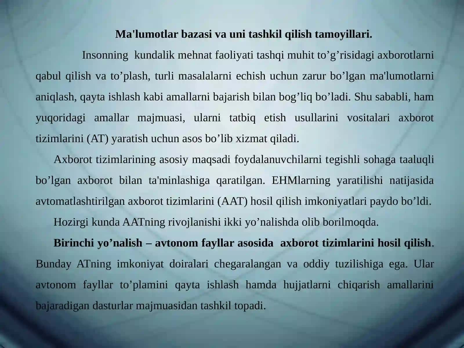 Ma’lumotlar bazasini adminstratorlash va xavfsizligini ta’minlashni loyihalash 2
