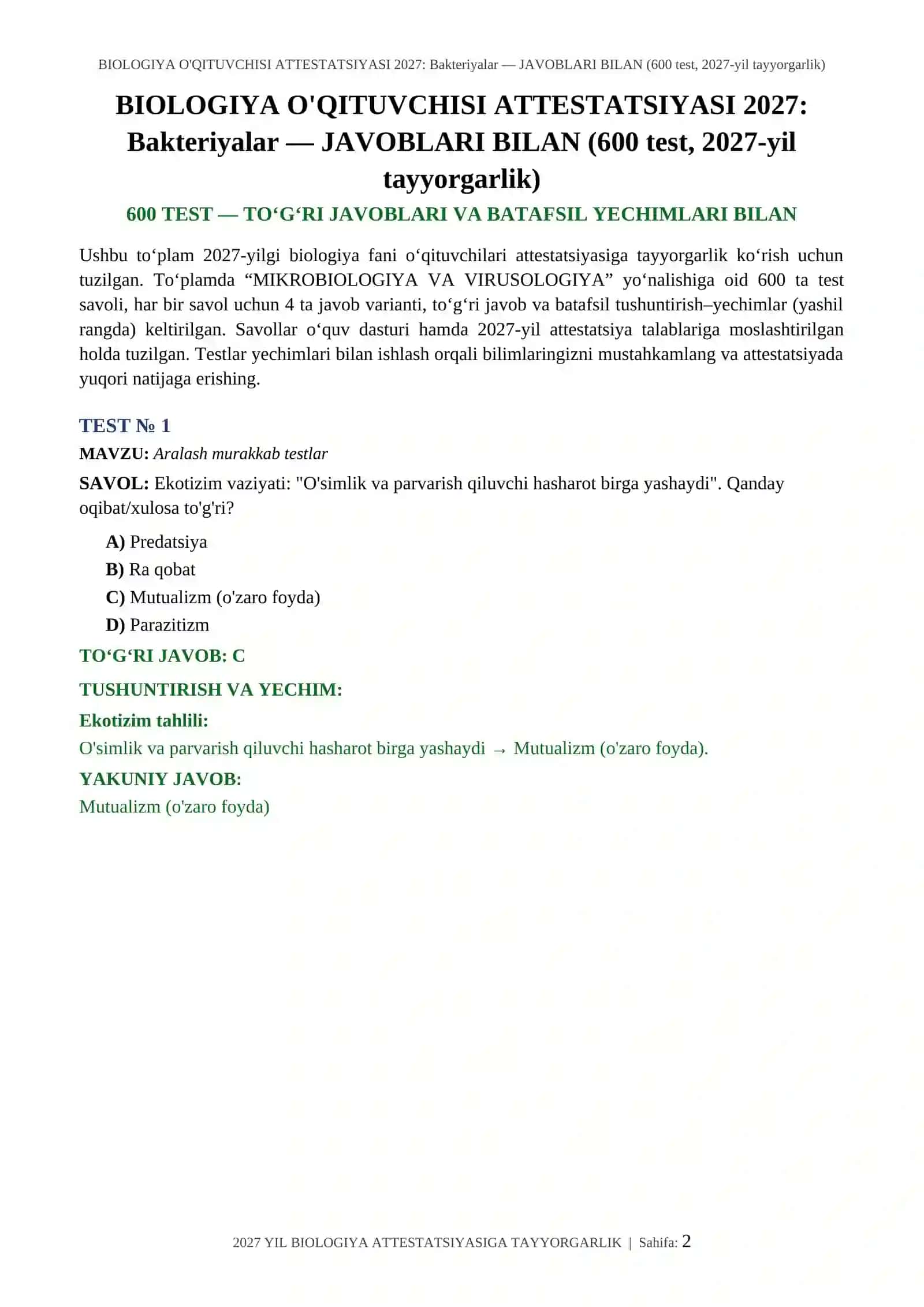 BIOLOGIYA O'QITUVCHISI ATTESTATSIYASI 2027: Bakteriyalar — JAVOBLARI BILAN (600 test, 2027-yil tayyorgarlik) 2