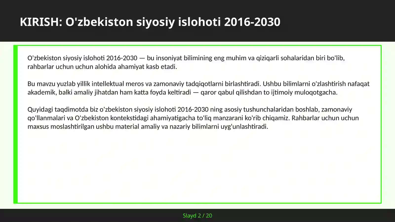 O'ZBEKISTON SIYOSIY ISLOHOTI 2016-2030 2