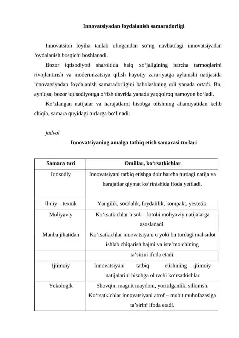 INNOVATSION LOYIHA SAMARADORLIGINI BAHOLASHNING ASOSIY USULLARI VA KO'RSATKICHLARI 2