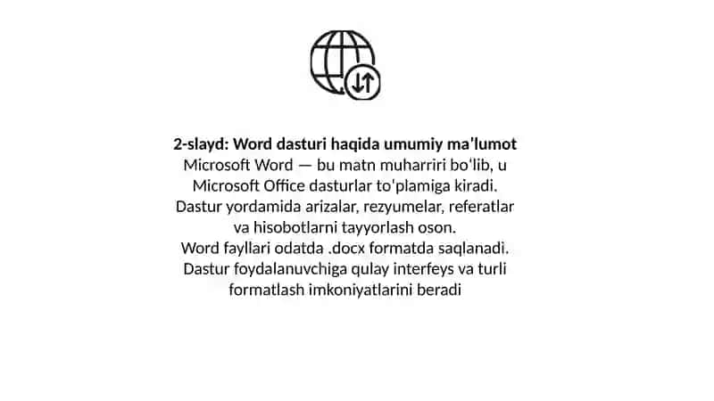 Word dasturida ishlash Matn muharririning asosiy imkoniyatlari 2