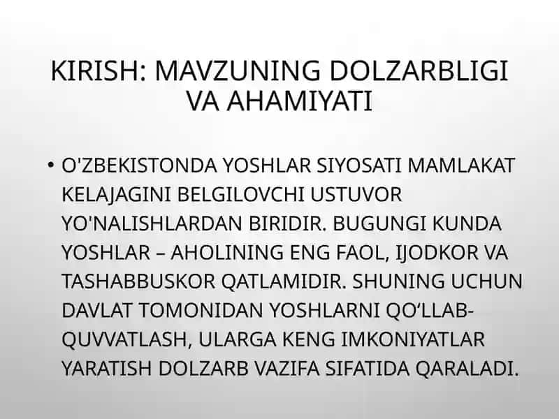 o`zbekistonda yoshlar siyosati va uning ahamiyati.barkamol avlodni tarbiyalashning asosiy yo`nalishlari 2