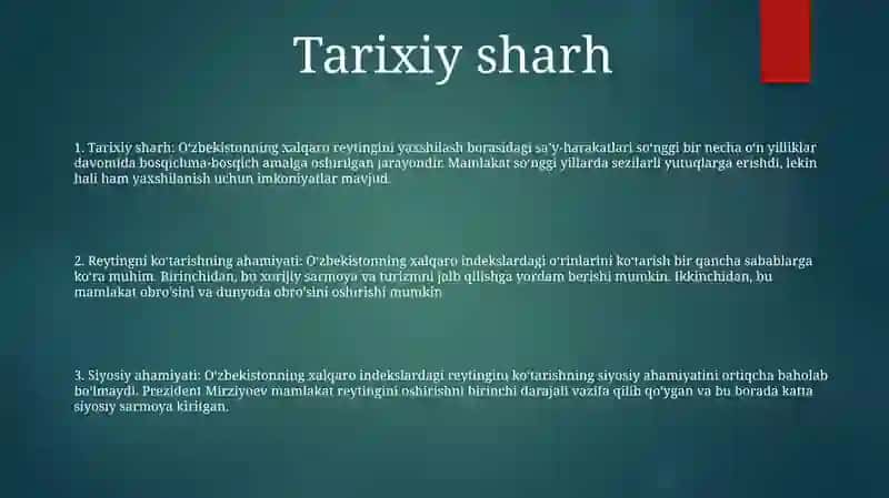O'Zbekistonni Xalqaro Reytinglardagi Ko'Rsatkichlarini Ko'Tarishning Tarixiy Va Siyosiy Ahamiyati 2