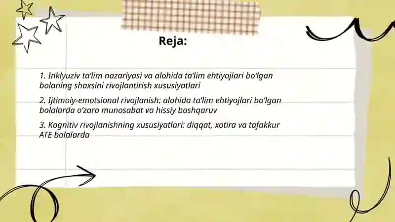 Inklyuzif taʼlim amalga oshirish jarayoni alohida taʼlim ehtiyojlari bolgan bolaning shaxsini rivojlanishining xususiyatlari 2