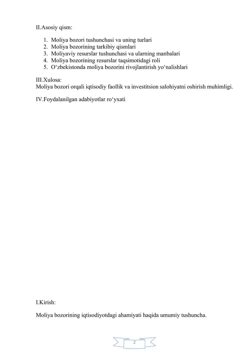 Moliya bozori va uning moliyaviy resurslarni shakllantirishdagi o‘rni 2