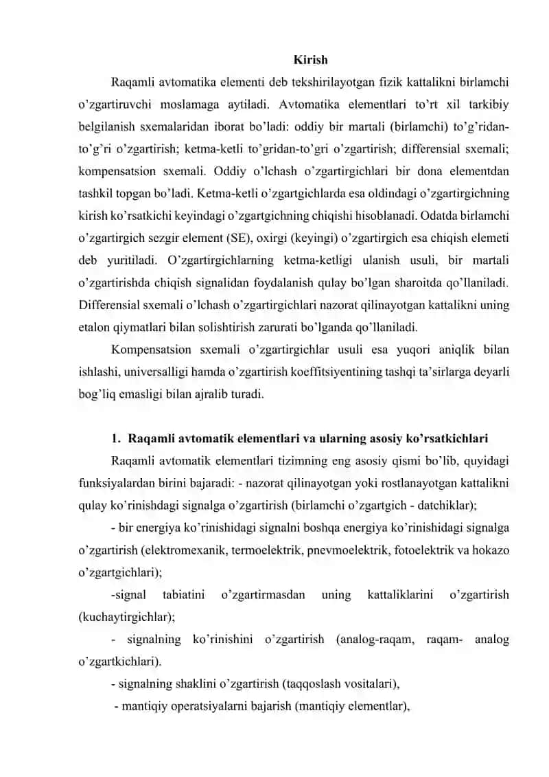 Raqamli avtomatik boshqarish boshqarish tizimlari elementlarining tavsifi 2