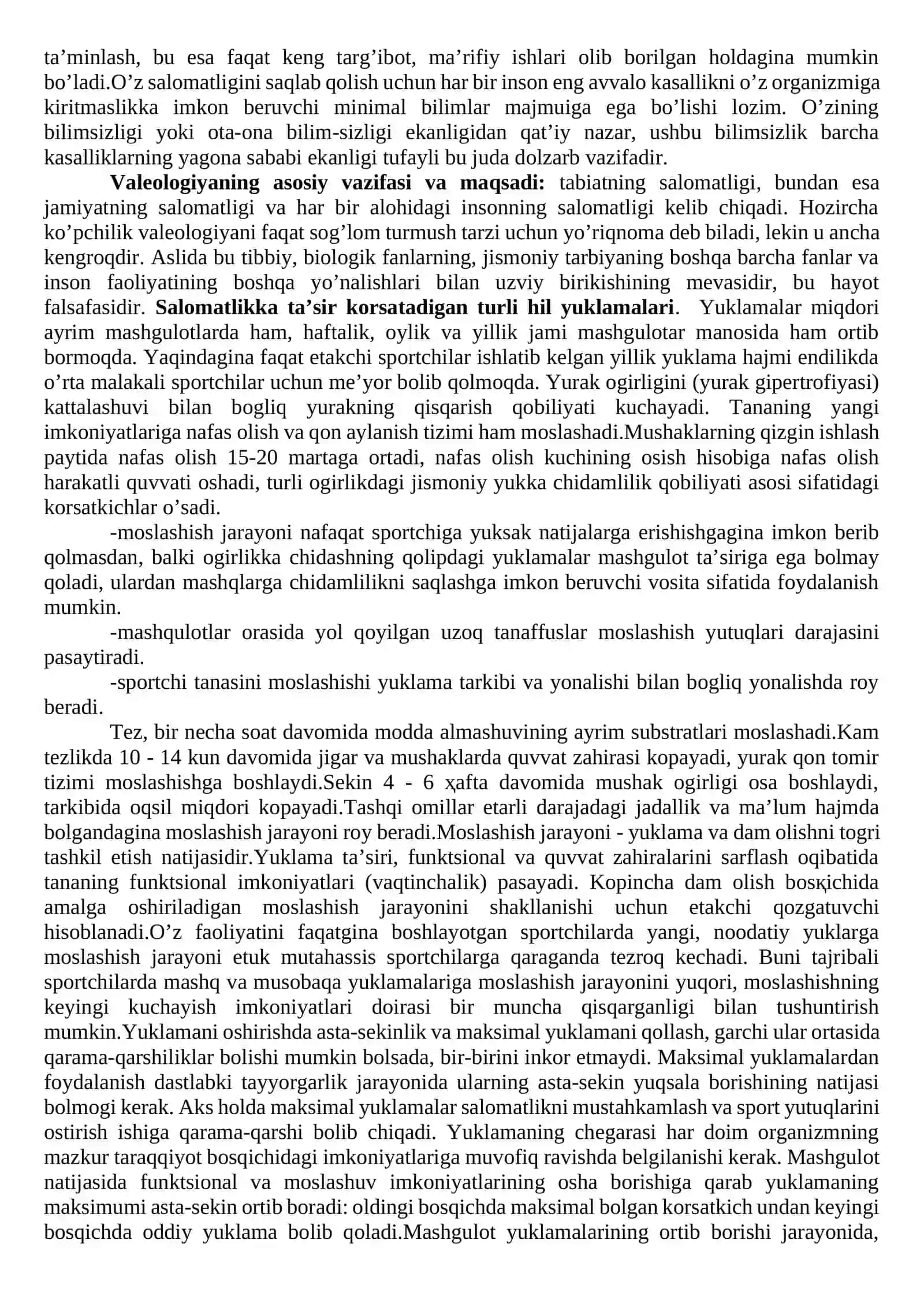 Valeologik yo’nalishlar: pedagogik, ekologik va ijtimoiy valeologiya. Salomatlikka ta'sir qiluvchi yuklamalar 2