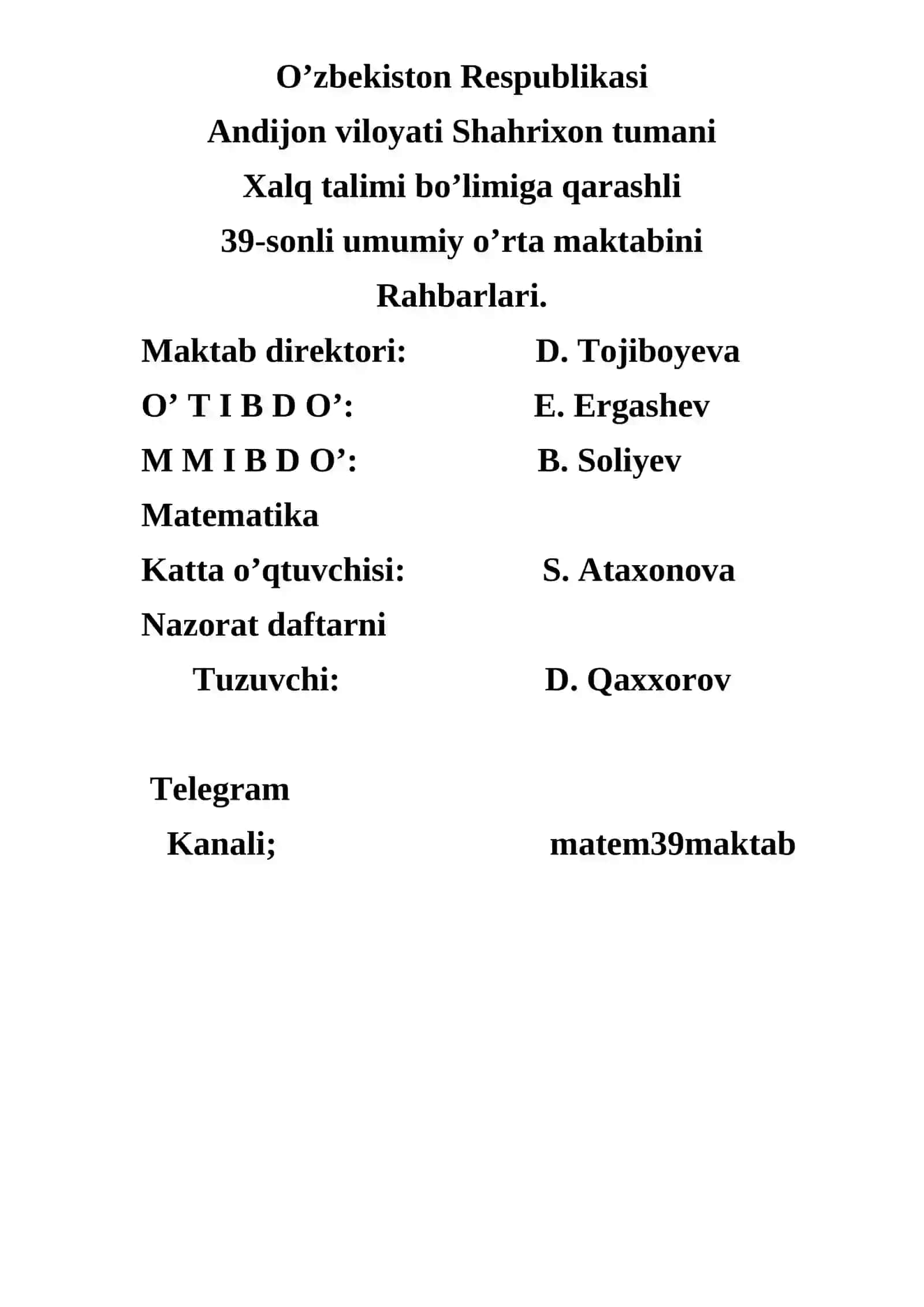 ALGEBRA Fanidan NAZORAT ISHI DAFTARI 2