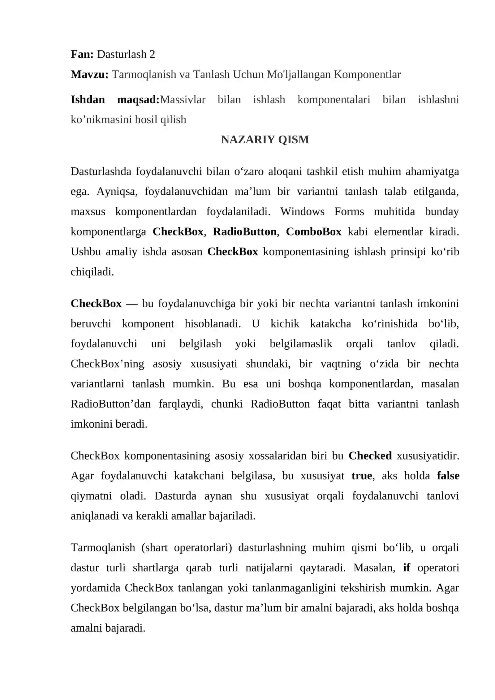 Dasturlash 2 - Tarmoqlanish va Tanlash Uchun Mo'ljallangan Komponentlar 2