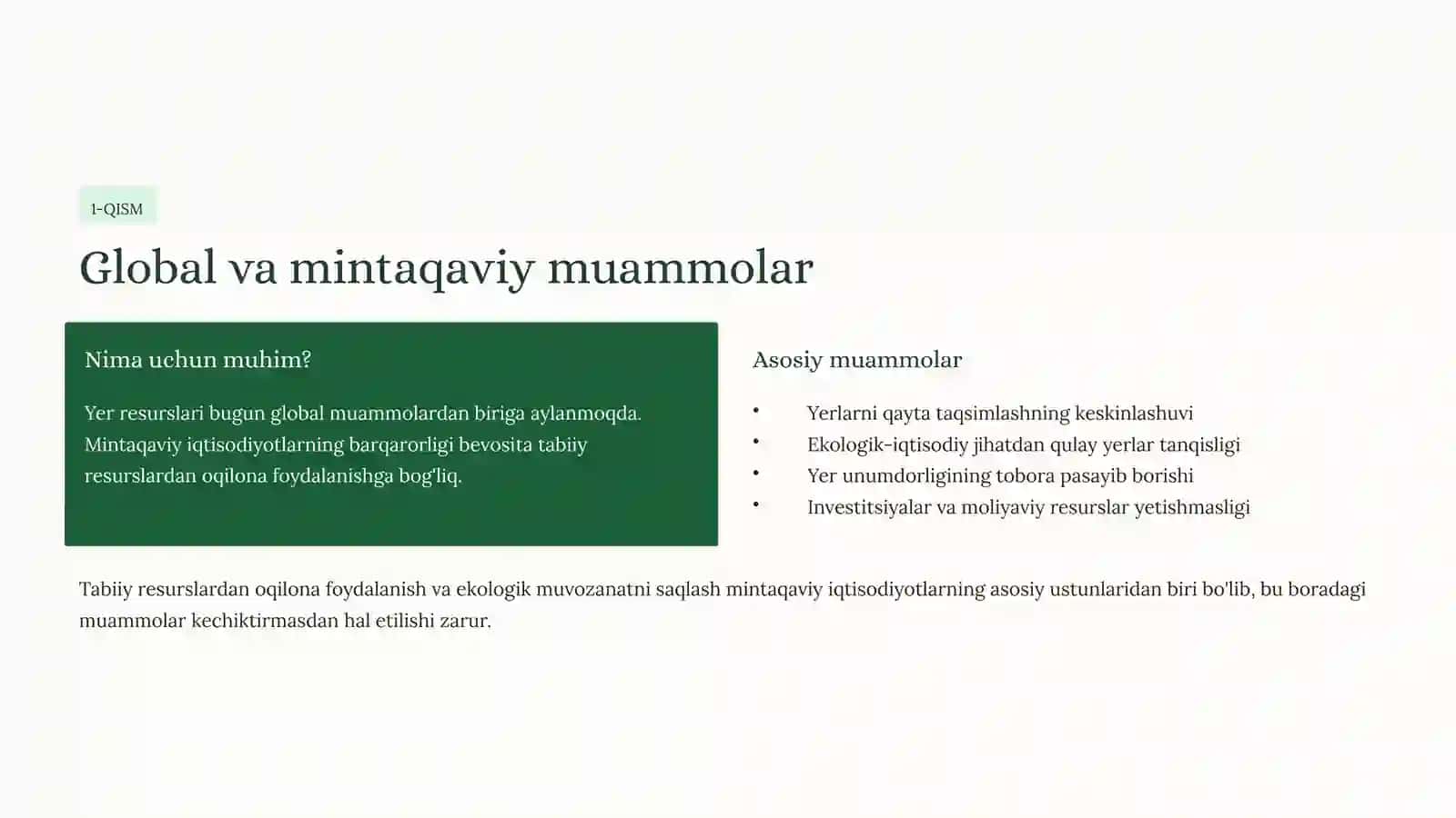 Yer resurslaridan oqilona foydalanish va ekologik muvozanatnisaqlashmuammolari 2