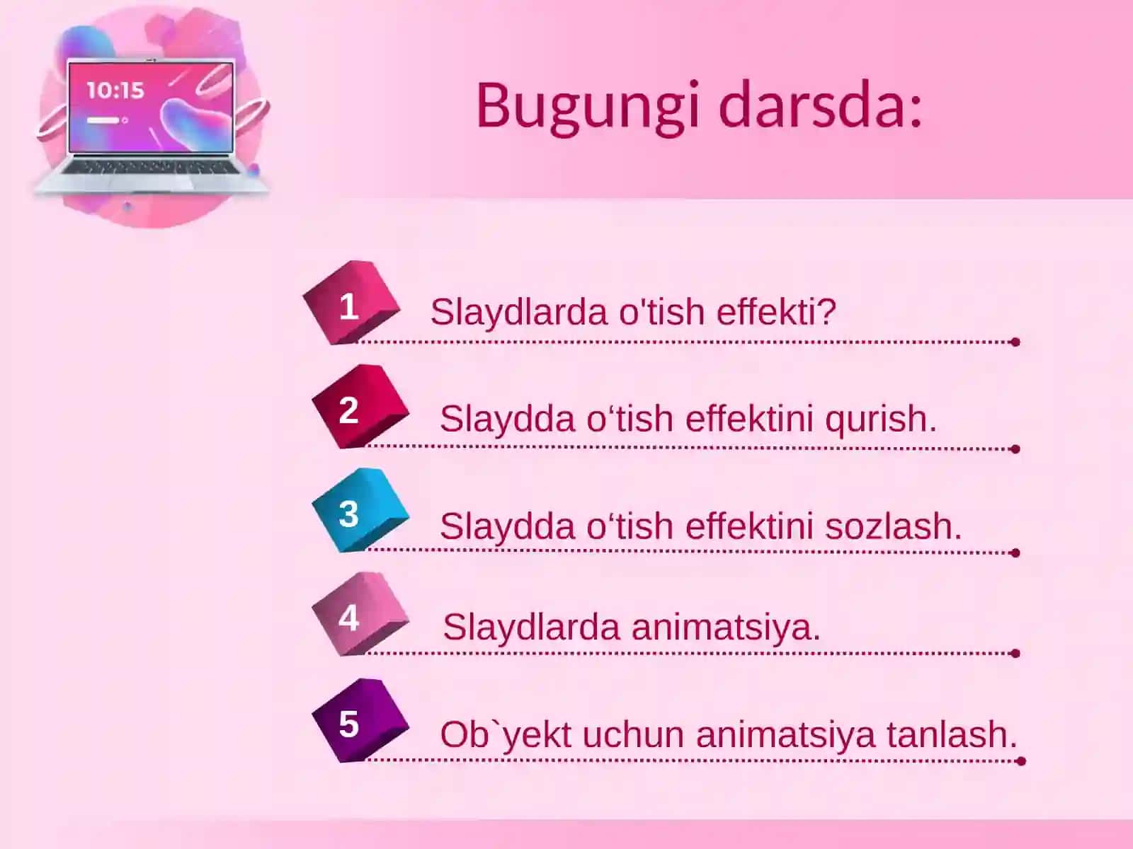 Animatsiyalar va slaydlar da o'tish effektlarini sozlash 2