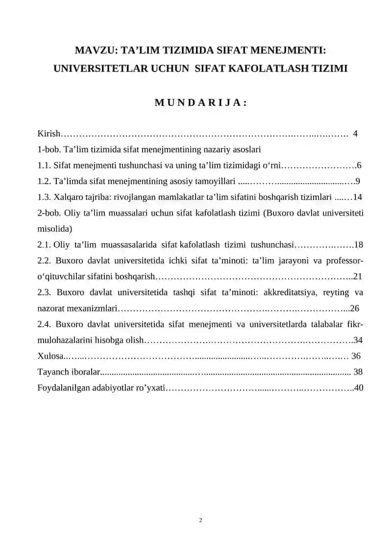 TA’LIM TIZIMIDA SIFAT MENEJMENTI: UNIVERSITETLAR UCHUN SIFAT KAFOLATLASH TIZIMI 2