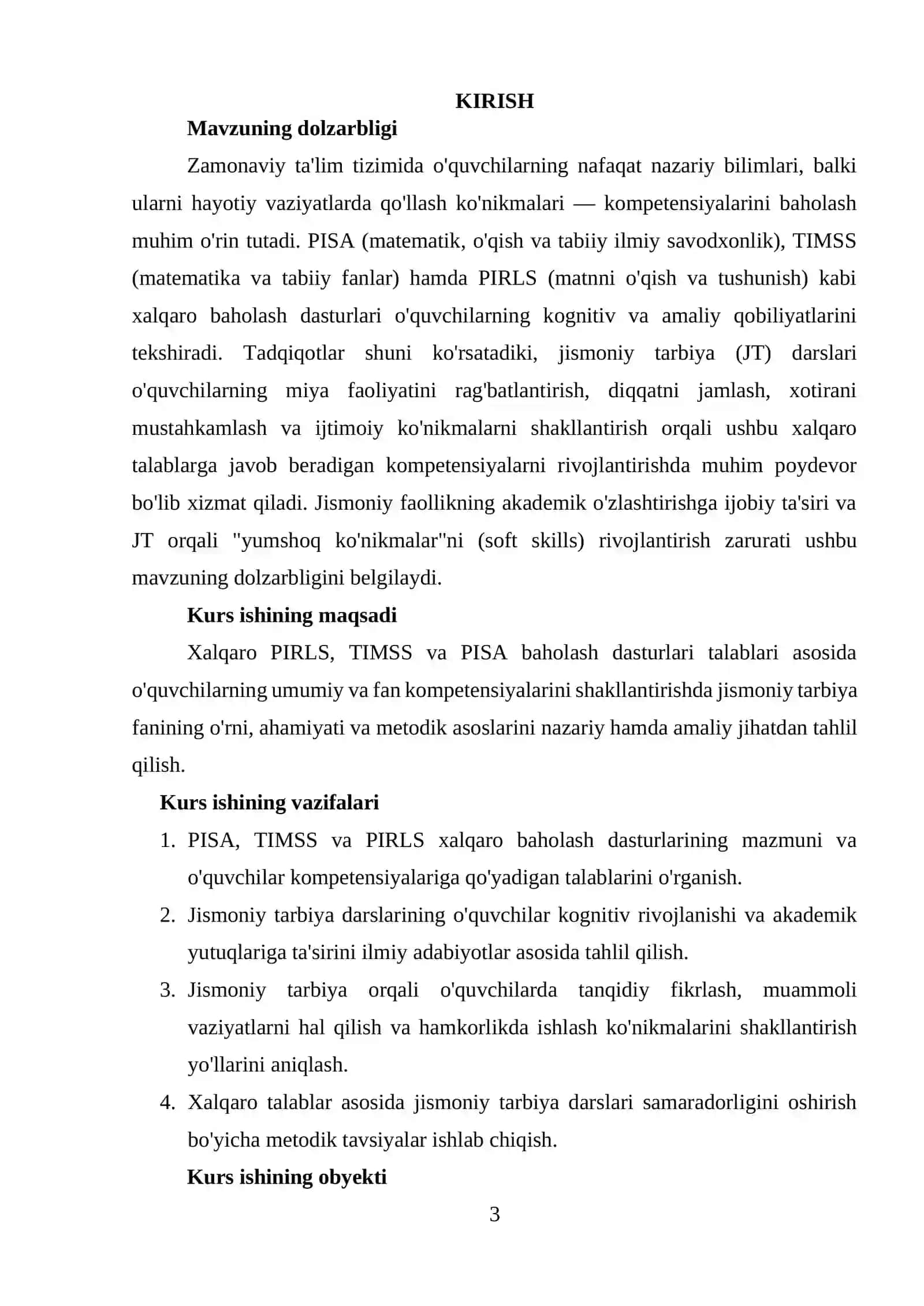 PIRLS, TIMSS va PISA talablari asosida jismoniy tarbiya bo'yicha kurs ishi mundarijasini tayyorlash 2