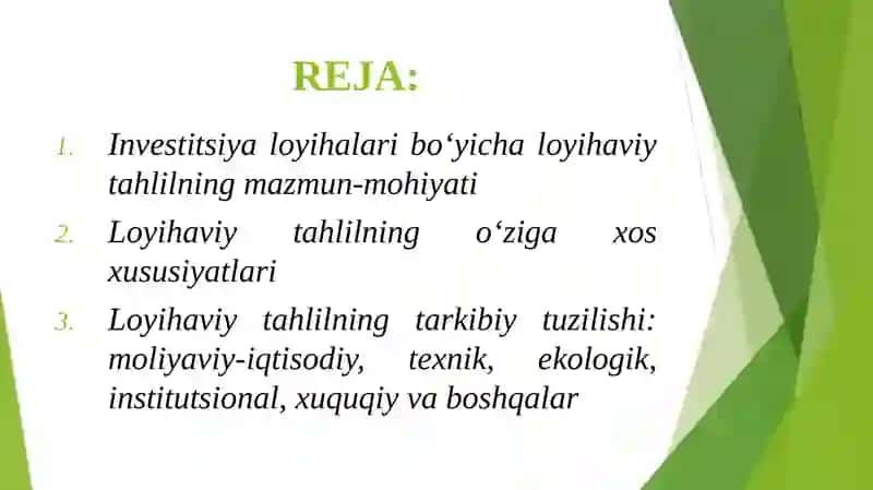 INVESTITSIYALARNING LOYIHAVIY TAHLILI 2