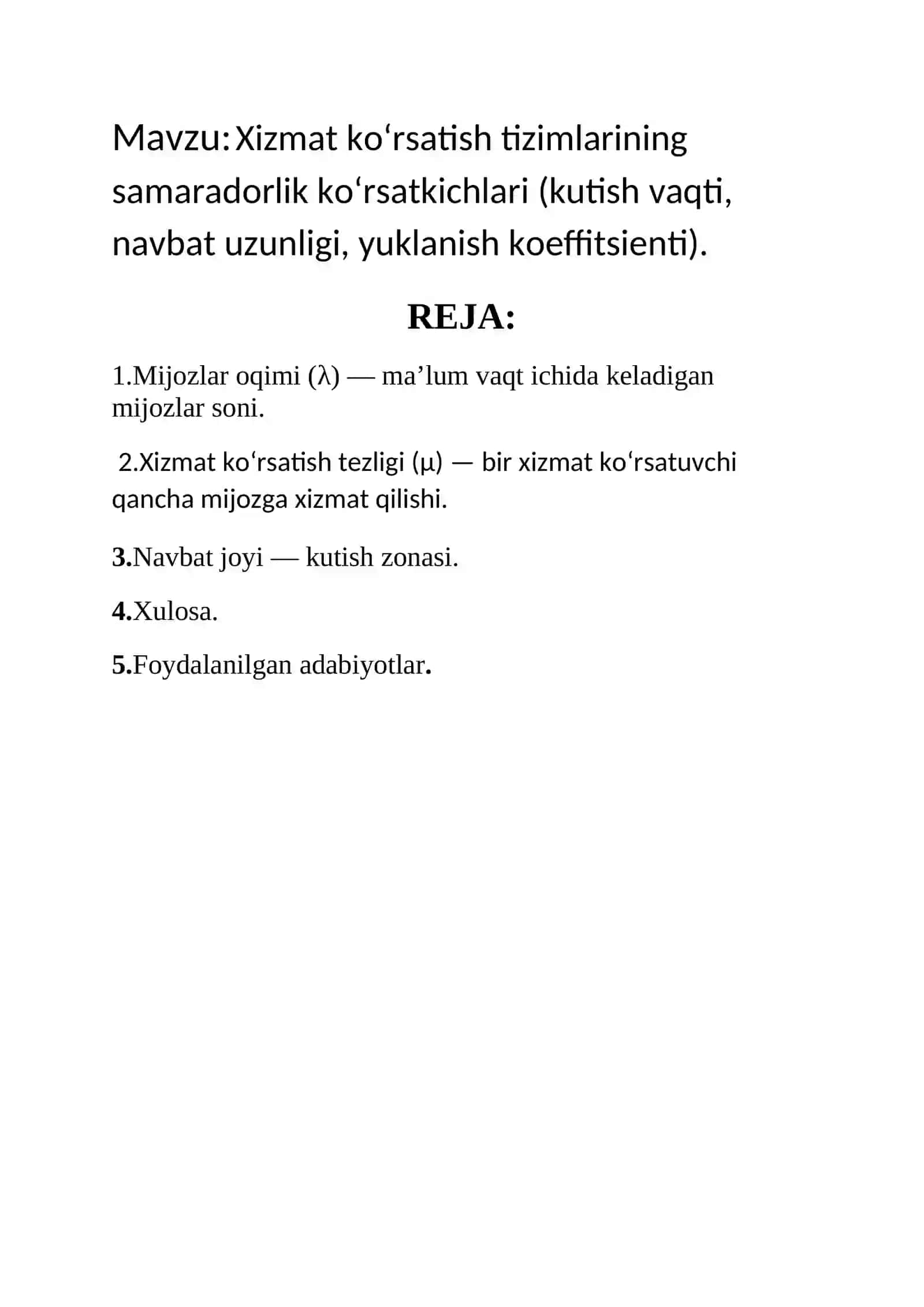 Xizmat ko‘rsatish tizimlarining samaradorlik ko‘rsatkichlari 2