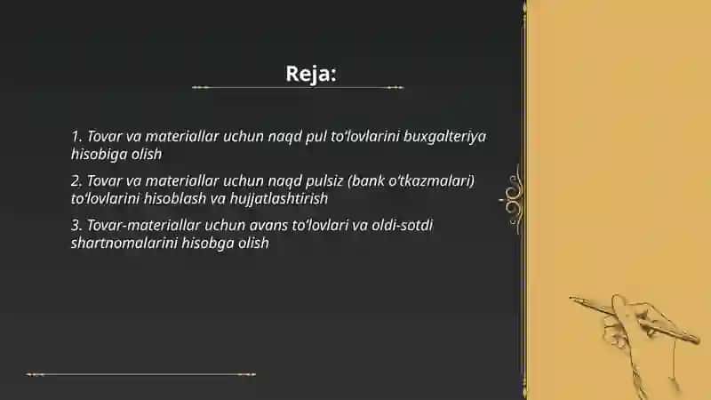 Tovar materiali va boshqa aktivlar boʻyicha tōlovlar hisobi 2