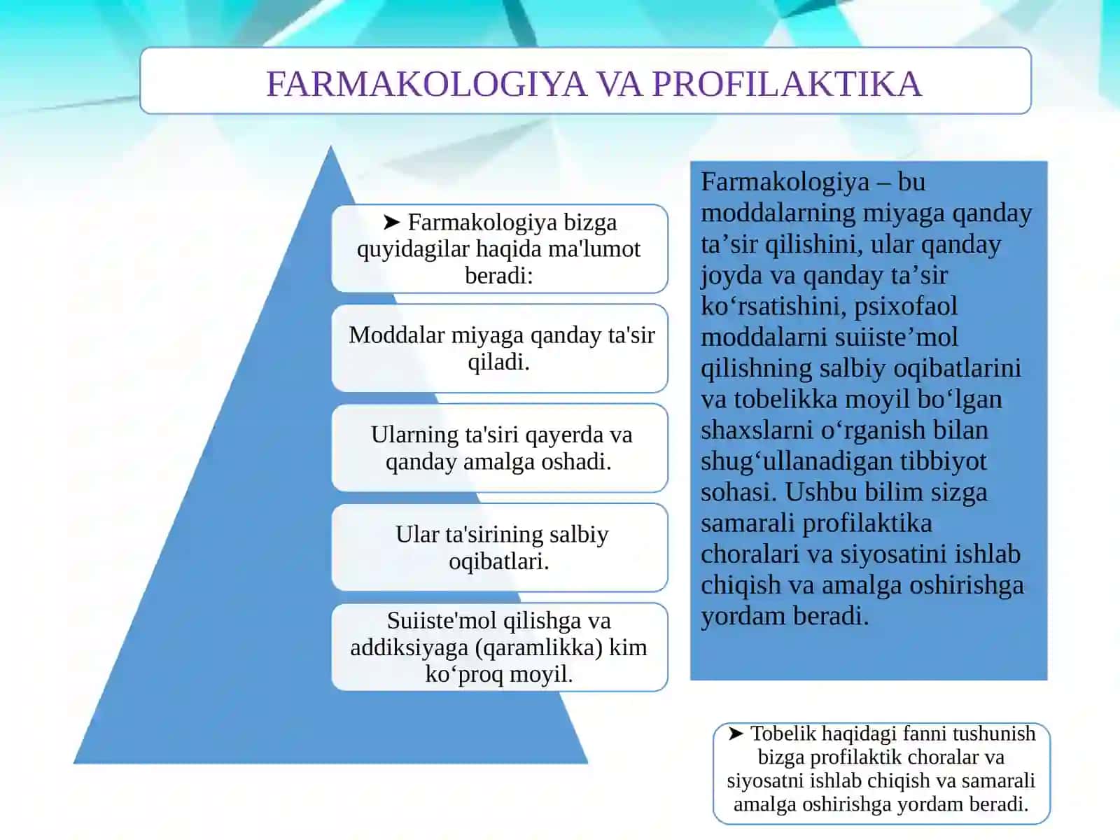 Psixofaol moddalar isteʼmoli profilaktikasi boʻyicha mutaxassislar uchun fiziologiya va farmakologiya 2