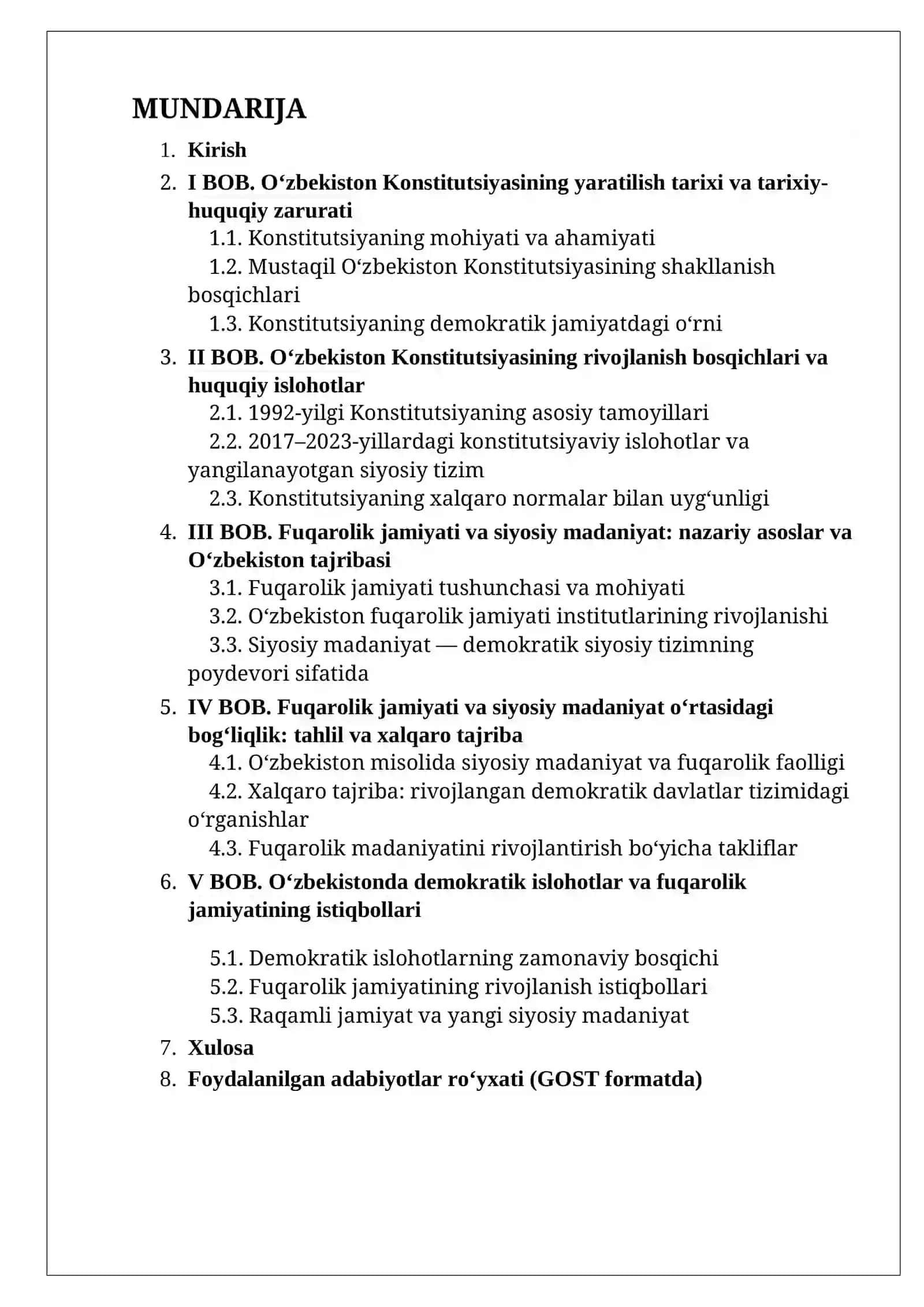 O‘zbekiston Konstitutsiyasi: tarix, rivojlanish bosqichlari va fuqarolik jamiyati (30 bet mukammal kurs ishi, 2026) 2
